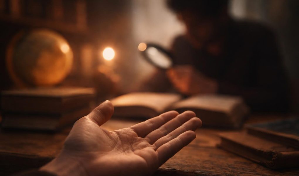 main-floue-table-bois-livres-globe