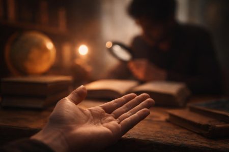 main-floue-table-bois-livres-globe