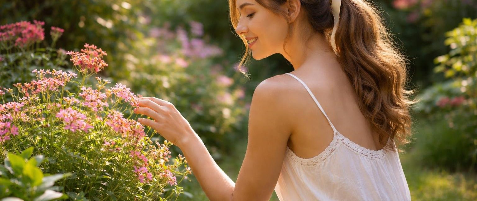 femme-jardin-fleurs-plantes-luxuriantes