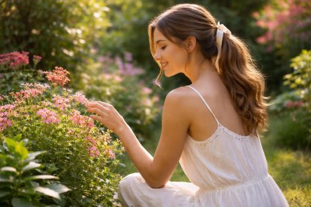 femme-jardin-fleurs-plantes-luxuriantes