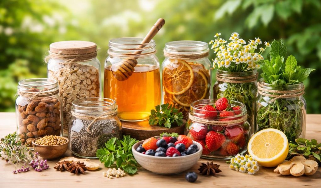 pots-verre-ingredients-naturels-table-bois