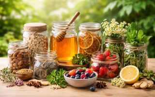 pots-verre-ingredients-naturels-table-bois