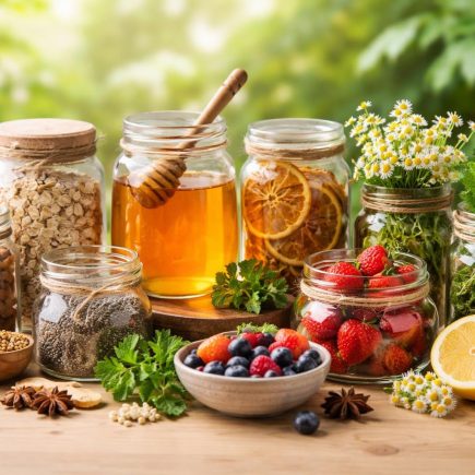 pots-verre-ingredients-naturels-table-bois