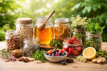 pots-verre-ingredients-naturels-table-bois