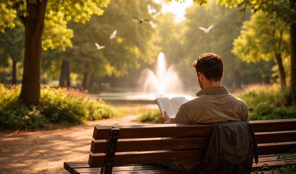 lecteur-parc-arbres-lumiere-doree