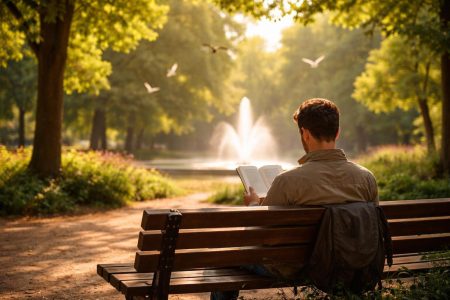 lecteur-parc-arbres-lumiere-doree