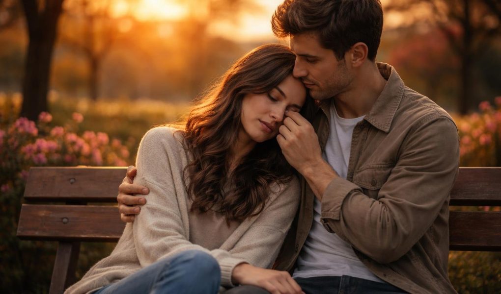 couple-enlace-banc-coucher-soleil