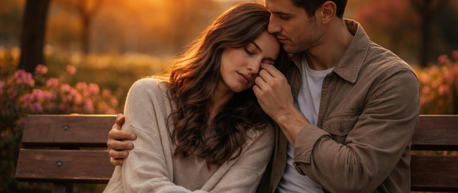 couple-enlace-banc-coucher-soleil