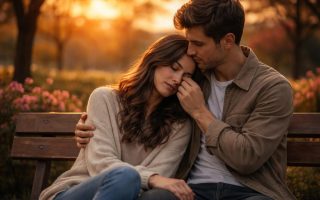 couple-enlace-banc-coucher-soleil