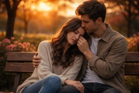 couple-enlace-banc-coucher-soleil